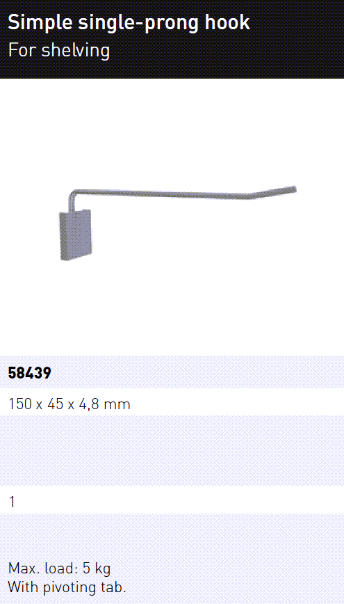 HEAVY WEIGHT WPS HOOK - rated to 5kg - 58439
